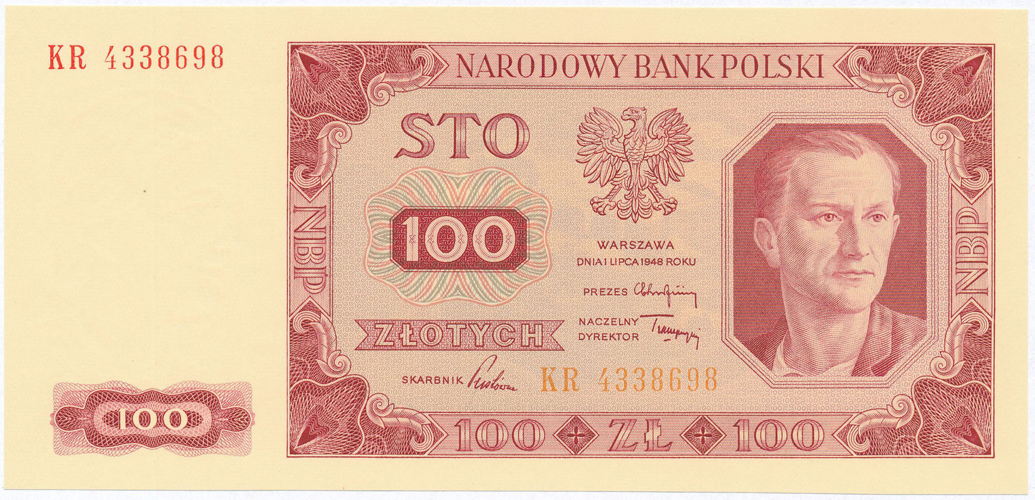 100 złotych 1948 seria KR - PIĘKNY
